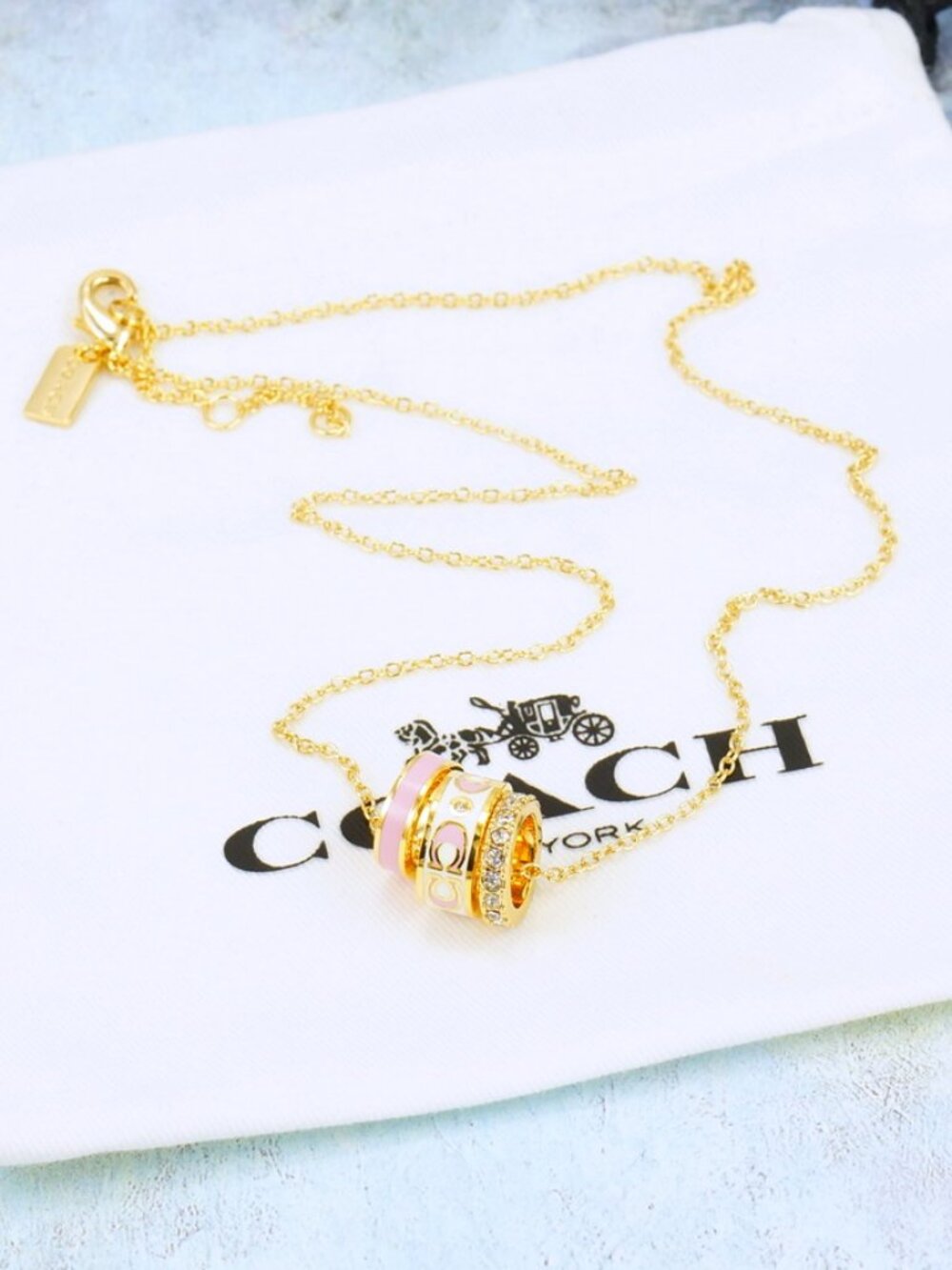 Coach Signature White Pink Enamel Crystal Rondell Ring Necklace Gold Plated - Picture 3 of 5